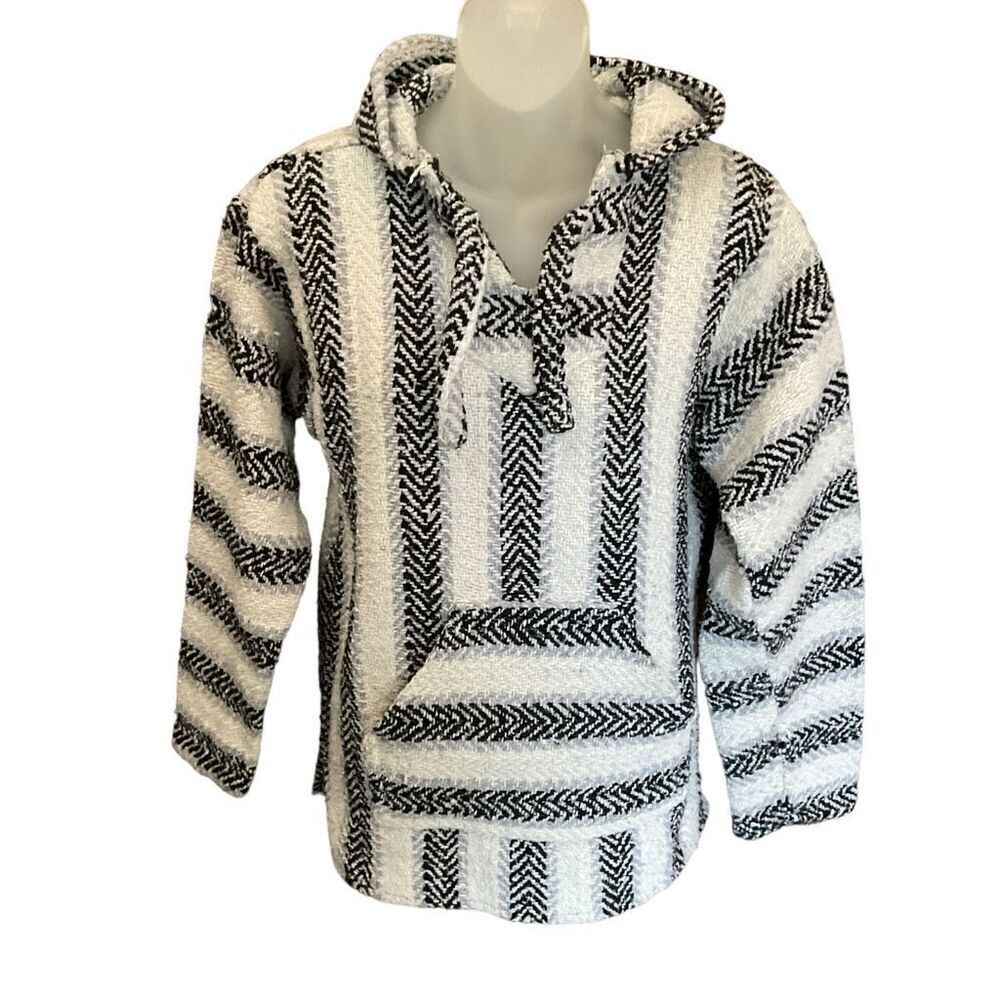 Earth Ragz Hoodie Unisex Black White Striped Baja Pullover Size Medium